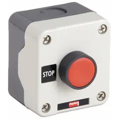 This push-button control station features a single red momentary push button with a 'Stop' legend and one normally closed (1NC) contact. It is used to provide a stop function in industrial machinery, such as conveyor systems, packaging lines, and manufacturing cells.