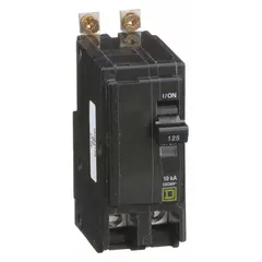 Bolt-on miniature circuit breaker from the QOB Series, rated 125 A at 120/240V AC single-phase. Provides overcurrent protection with a maximum interrupting rating of 10kA at 120/240V AC. Designed for use in Square D NQOD panelboards in commercial and industrial power distribution systems.
