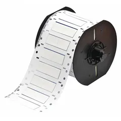 White matte polyolefin sleeve label roll, 3/8 in x 1 in, for wire gauges 4 AWG to 12 AWG. Compatible with BBP33 printer series. Used for wire identification and marking in control panels, machinery, and electrical installations.
