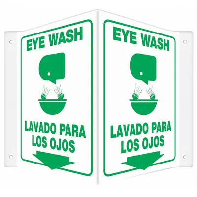 CONDOR Safety Sign: PETG, Mounting Holes Sign Mounting, 12 in x 14 in Nominal Sign Size - V-Shape Projection Eye Wash/Lavado Para Los Ojos Signs