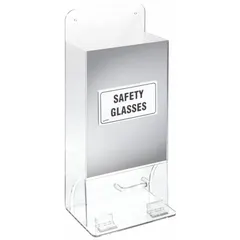 Single-compartment stack tower made of clear acrylic for dispensing and storing up to 20 pairs of safety eyewear. Overall height 18 in, width 8 in. Transparent construction allows quick visual inventory checks. Suitable for industrial workplaces, labs, and manufacturing areas where eye protection must be readily accessible.