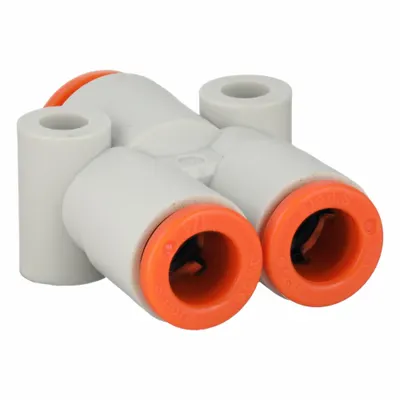 SMC Push-Fit Wye Fitting: 1/4 in OD x 1/4 in OD x 5/16 in OD Size, Polybutylene Terephthalate - Polybutylene & Brass Tube Fittings