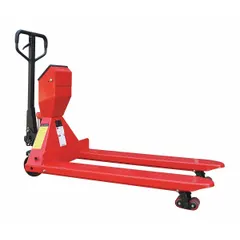 Digital scale pallet truck with 4400 lb capacity. Features 48 in L x 28 in W fixed steel forks with 13 in width between forks. Combines lifting and weighing for moving and weighing palletized loads in warehouses and distribution centers.