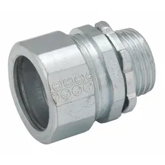 This zinc-plated compression connector is used to terminate IMC metal conduit to boxes. It features male NPS threads (3/4"-14) and a 1-1/2 in overall length. CSA certified for dry or damp locations.