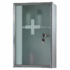 Rectangular mirrored medicine cabinet with a stainless steel frame in satin silver finish. Features frosted safety glass shelves. Overall height 15 3/4 inches. Suitable for bathroom or medical facility storage of toiletries and supplies.