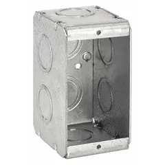 Steel masonry electrical box for embedding in concrete block or brick walls. Single-gang design with 2-1/2 in depth, 2 in width, and 3-3/4 in height. No clamps or bracket included. Suitable for housing switches, receptacles, or wiring devices in masonry construction.
