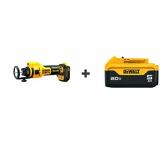 This cordless cut-out tool operates at 20V DC and accepts 1/4 in, 1/8 in, and 5/32 in collet sizes. It features an adjustable depth guide and includes one 5.0 Ah battery (charger not included). Designed for precision cutting in drywall, plasterboard, and similar materials.