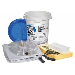 This leak diverter is 7 ft wide and made of clear PVC with polyester/PVC construction. It uses strap-style mounting to channel dripping water away from equipment and work areas in industrial facilities, protecting machinery, electrical panels, and inventory from roof leaks or condensation.