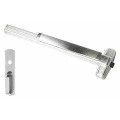 Aluminum rim-type exit device with touchbar style and thumbpiece pull outside trim. Designed for commercial egress doors up to 3 ft wide. ADA compliant for accessibility.