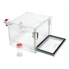 Rectangular vacuum desiccator with 0.1 cu ft capacity, made of polystyrene. Includes lid. Overall width 10 5/8 inches. Used for vacuum drying and moisture-sensitive storage in laboratory settings.