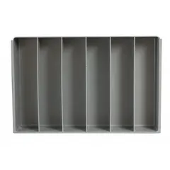 This gray insert for Large Compartmented Boxes provides six fixed compartments, each measuring 2-13/16 in x 11-21/32 in. It is designed to organize small parts, fasteners, or tools within compatible boxes, keeping items separated and accessible in industrial workshops, maintenance facilities, or assembly lines. No removable dividers.