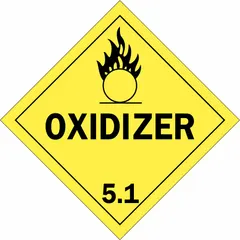 This placard identifies containers holding Class 5 oxidizing agents and organic peroxides during transport. It measures 10 3/4 in x 10 3/4 in with a 10 3/4 in label height and displays the message 'OXIDIZER'. Suitable for use on shipping containers, trucks, and railcars to meet DOT placarding requirements.