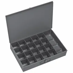 Large compartmented box with 21 fixed compartments (20 compartments sized 2-15/16 in x 2-11/8 in). Gray finish. Designed for organizing small parts, fasteners, and hardware in industrial workshops, maintenance facilities, and assembly lines.