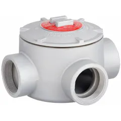 T-shaped conduit outlet body with threaded female hubs for use with 1-1/2 in threaded IMC. Aluminum construction with powder-coated finish. Includes grounding screw and cover. Rated for hazardous locations. Complies with CSA C22.2 No. 30. Body capacity 72 cu in.