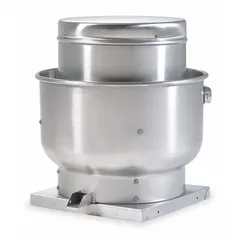 Centrifugal upblast roof exhaust fan for high-static-pressure applications. Includes drive package, 21 1/4 in wheel, open dripproof 1-speed motor, 115/230V AC. Unassembled square base, roof-mounted, exhaust airflow 2,000 to 4,999 cfm at 0.500 in SP.
