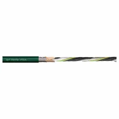 This CHAINFLEX servo motor power cable features a conductor grouping of (4) 14 AWG with a shielded twisted pair of 16 AWG and includes a ground conductor. The green PVC jacket provides protection in industrial environments. With a minimum bend radius factor of 4 x OD for fixed installation and 6 x OD for flexible applications, it is suitable for use in cable carriers, machine tools, and robotic systems where reliable power transmission and signal integrity are required.