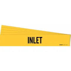 Yellow adhesive pipe marker with black 'Inlet' legend, without arrows. Fits pipe outer diameters from 2-1/2 to 7-7/8 inches. Sold in packs of 5. Used for identifying inlet lines in industrial piping systems.