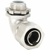 This 90° liquid-tight connector is designed for use with flexible metal conduit, providing a sealed and grounded connection at electrical boxes. Made of 316 stainless steel, it resists corrosion in wet or harsh environments. The connector features a 1/2 in MNPT box connection and is insulated. Typical applications include industrial settings where liquid-tight protection is required
