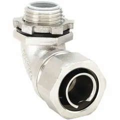 This 90° liquid-tight connector is designed for use with flexible metal conduit, providing a sealed and grounded connection at electrical boxes. Made of 316 stainless steel, it resists corrosion in wet or harsh environments. The connector features a 1/2 in MNPT box connection and is insulated. Typical applications include industrial settings where liquid-tight protection is required.