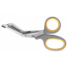 Disposable bandage shear with 7-inch overall length, titanium blades with rounded ends, and plastic handles. Designed for cutting medical dressings, tape, and light materials in clinical or emergency settings. Gray color.