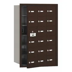 This horizontal multi-unit mailbox features 18 lockable front-loading doors and is designed for recessed mounting. Overall dimensions are 35 1/4 in H x 22 3/4 in W x 16 1/2 in D. Suitable for centralized mail distribution in apartment buildings, condominiums, or commercial facilities.