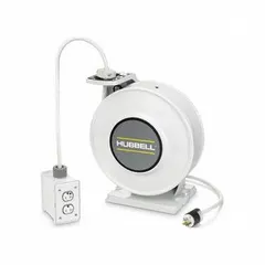 Self-retracting cord reel with ratchet lock mechanism for controlled cord extension and retraction. Includes 45 ft of 12 AWG SJO cable with a NEMA 5-20P feeder plug and a NEMA 5-20R retractable receptacle. Suitable for managing power cords in workshops, warehouses, and maintenance areas.