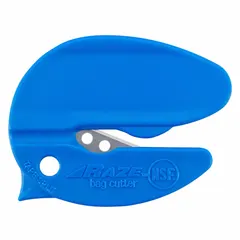 Handheld bag safety cutter with a contoured blue handle and stainless steel blade. Overall length of 2 3/8 inches. Includes a tape splitter for opening shrink wrap, poly bags, and taped boxes. Sold in a 12-pack.