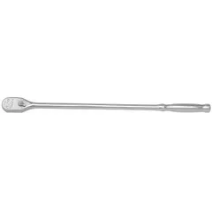 This standard-head ratchet features a reversible pear head design with a 4° minimum arc swing, enabling fastener access in confined spaces. The 15-inch overall length provides leverage for tightening and loosening fasteners in automotive, industrial, and mechanical applications. Chrome finish resists corrosion.
