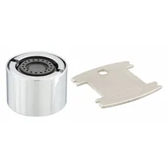 Brass spray flow outlet with chrome finish. Features a 13/16"-24 female UNS connection. Used in commercial and institutional faucet systems to deliver a controlled spray pattern.