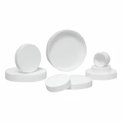 White polypropylene screw-on cap with F217 liner, 120 mm diameter. Supplied in a pack of 210 closures. Suitable for sealing containers in industrial packaging, chemical storage, and laboratory applications.