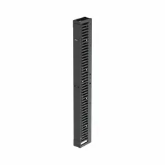 Steel vertical cable manager for single-side use, 45U (83 7/8 in) height, black finish, includes door. Organizes and routes cables vertically in equipment racks, concealing and protecting cabling for structured network installations.