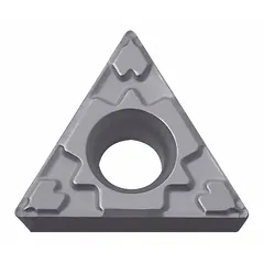 Triangle (T) indexable turning insert made of cermet, used for finish turning of steel and stainless steel. Provides wear resistance and smooth surface finish in lathe operations for general machining and automotive applications.