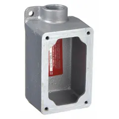 This 1-gang hazardous location electrical box is constructed of iron with a dead-end hub type and 1/2 in hub size. It has an overall height of 6 1/8 in. Used for mounting and protecting electrical connections in environments where flammable gases or dust may be present.