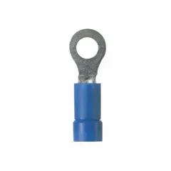 Vinyl-insulated ring terminal rated for 600 V. Accepts 16 AWG to 14 AWG wire and fits a 1/4 in stud. Funnel entry aids wire insertion. Used for terminating wires to studs in electrical panels and equipment.