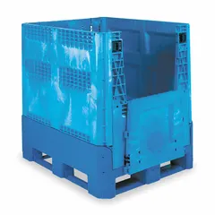 Rectangular collapsible plastic bulk container with solid walls and two drop doors. Stationary unit with 4-way fork entry and fork pockets. Stacking capable. 41.7 cu ft capacity. Lid not included. Suitable for storing and transporting bulk materials in industrial and warehouse settings.