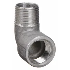 Aluminum 90° elbow with plain finish. Features 3/4 in FNPT female end and 3/4 in MNPT male end, both NPT threaded. Used in conduit systems to change direction while maintaining continuity.