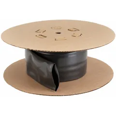 This chemical-resistant PVC heat shrink tubing has a 2.5-inch inner diameter before shrinking and a 1.25-inch inner diameter after shrinking. It is 10 feet long and black. Used to insulate and protect electrical connections, cables, and wires from chemicals, moisture, and abrasion in industrial maintenance, automotive wiring, and electrical panel installations.