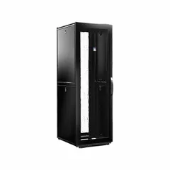 Floor-mount server rack enclosure with 42 rack units, constructed from carbon steel. Measures 79 1/4 in x 29 1/2 in x 42 1/8 in. Includes installed caster kits and side panels. Suitable for housing network equipment, servers, and patch panels in data centers and telecom rooms.