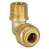Brass push-to-connect elbow fitting with 1/4 in OD tube size and 3/8 in male NPT threaded connection. Used for connecting tubing to threaded ports in plumbing, pneumatic, and instrumentation systems for water, air, or non-corrosive fluids