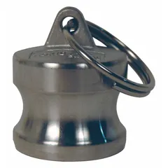 316 stainless steel dust plug for 4 in cam-and-groove couplings. Rated 100 psi max working pressure at 70 °F, overall length 2 23/32 in. Caps unused coupling ends to prevent debris ingress in fluid transfer systems.