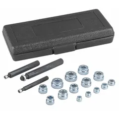 This 17-piece aluminum bushing driver set covers a capacity range of 10 mm to 42 mm. Designed for installing and removing bushings, seals, and bearings in suspension, steering, and drivetrain components. Set dimensions: 9 1/4 in length, 2 in height, 7 1/4 in width.