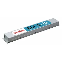 Emergency lighting inverter for fluorescent, incandescent, and LED lamps. Operates on 120 to 277V AC input, supports up to 10W bulb wattage, and includes attached dual flex conduit. Powered by a lithium ion battery for backup during power outages.