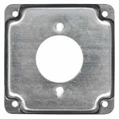 This galvanized zinc cover is designed for square electrical boxes. The crushed corner configuration provides a flush fit. It is used to enclose wiring connections in junction boxes, protecting them from dust and debris in indoor and outdoor installations.