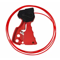 This squeeze-handle cable lockout includes an 8 ft red nylon cable and a polycarbonate body. It is used in lockout/tagout procedures to isolate energy sources such as valves and circuit breakers, preventing accidental re-energization during maintenance.