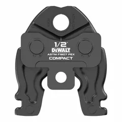 This press jaw is designed for use with DEWALT compact press tools to crimp fittings onto pipes in plumbing and piping systems. It provides consistent pressing force for creating secure connections on copper, PEX, and multi-layer tubing.