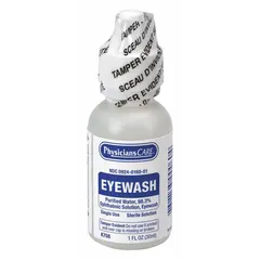 Sterile saline solution for flushing contaminants, dust, or chemicals from the eye. Single-use 1 oz (29.6 mL) bottle suitable for portable first-aid kits or emergency stations in industrial, laboratory, or maintenance settings.
