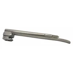 This Miller-style laryngoscope blade is made of reusable stainless steel with a silver finish. It is size 2, with an overall length of 6 1/8 inches and width of 1/2 inch, and features standard illumination. Designed for medical intubation procedures to lift the epiglottis and visualize the airway.