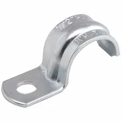 Steel surface mount clamp for securing 1/2 in trade size IMC and RMC conduit and pipe. Electroplated gray finish with corrosion resistance. Screw-on mounting with 0.281 in hole diameter. Overall dimensions: 1-29/32 in length, 5/8 in width, 7/8 in height.