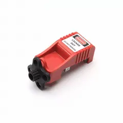 Clamp-on lockout device for single-pole motor protection circuit breakers rated 120/277V AC. Used during lockout/tagout procedures to prevent accidental circuit re-energization in industrial maintenance applications.