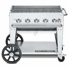 This wheeled propane grill features five burners with a total heating capacity of 79,500 BtuH. It has an overall height of 36 inches and depth of 28 inches, and accommodates one 20 lb propane tank. Suitable for outdoor cooking applications such as catering, food service, or large-scale grilling.
